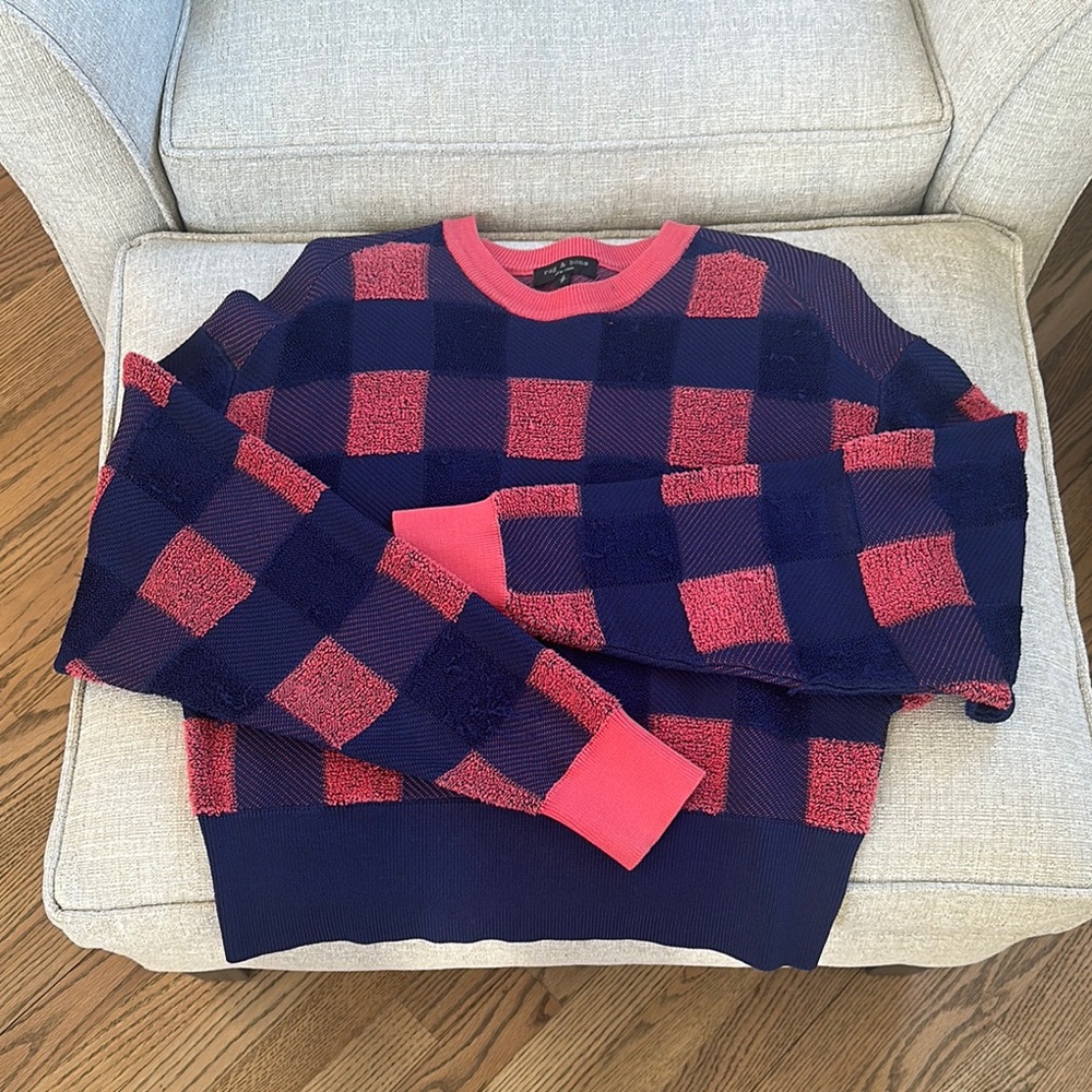 Red and Blue Crewneck Sweater with Bold Pattern